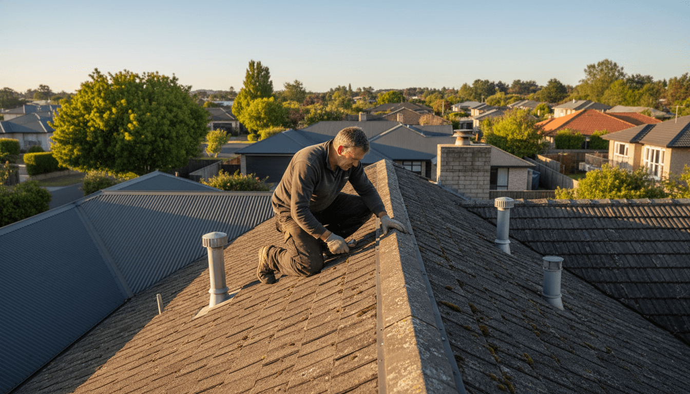 Roofer inspecting residential roof in Christchurch