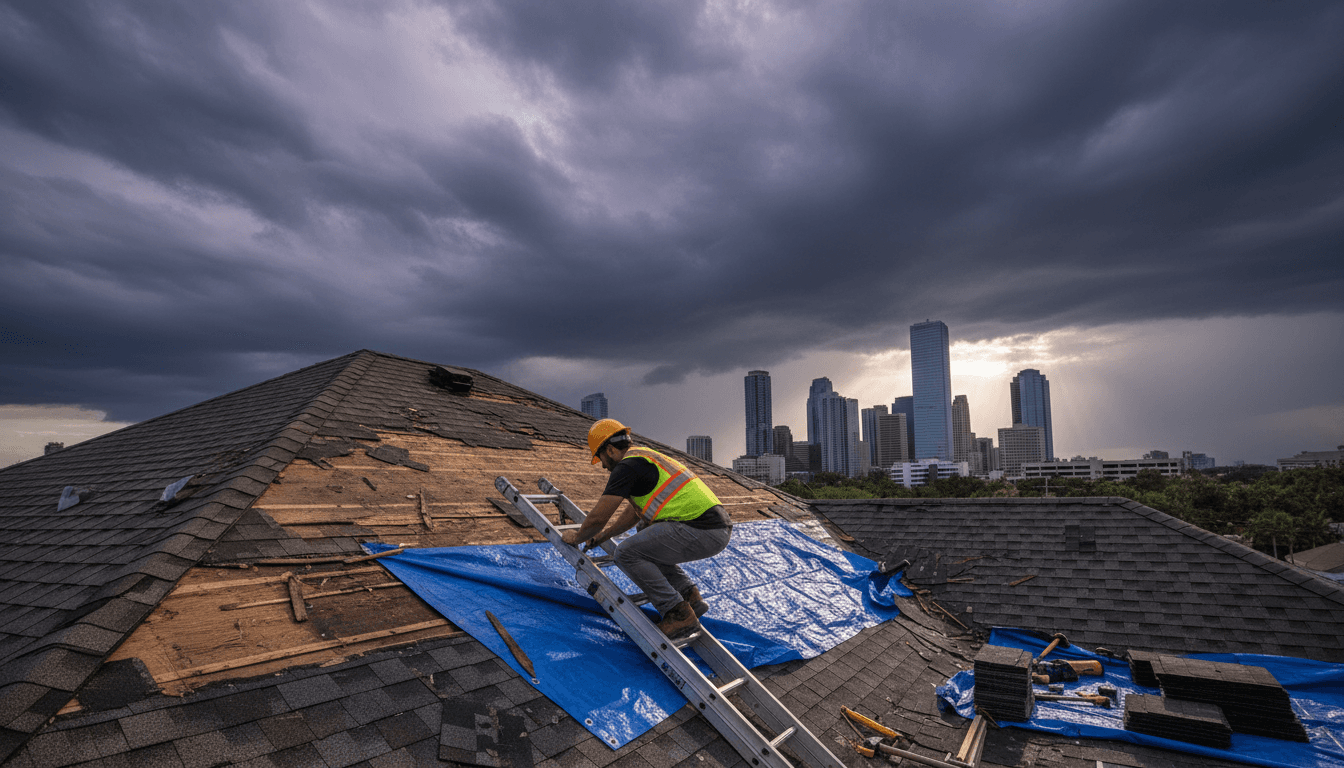 Contractor repairing storm-damaged roof against dramatic cityscape backdrop.