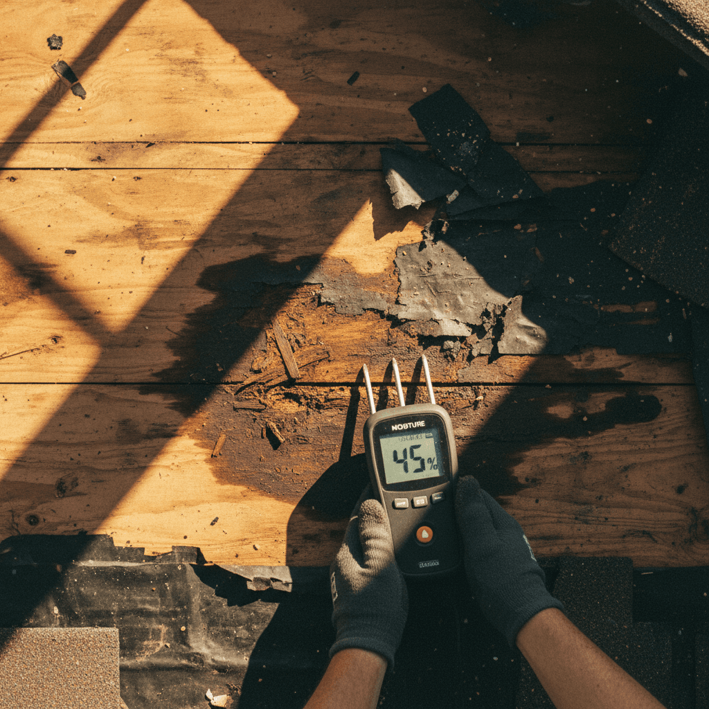 Professional roof inspection identifying water damage