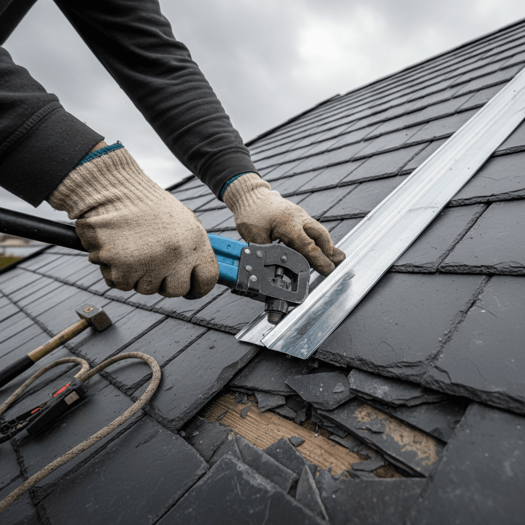 Emergency roof repair work being performed on damaged tiles