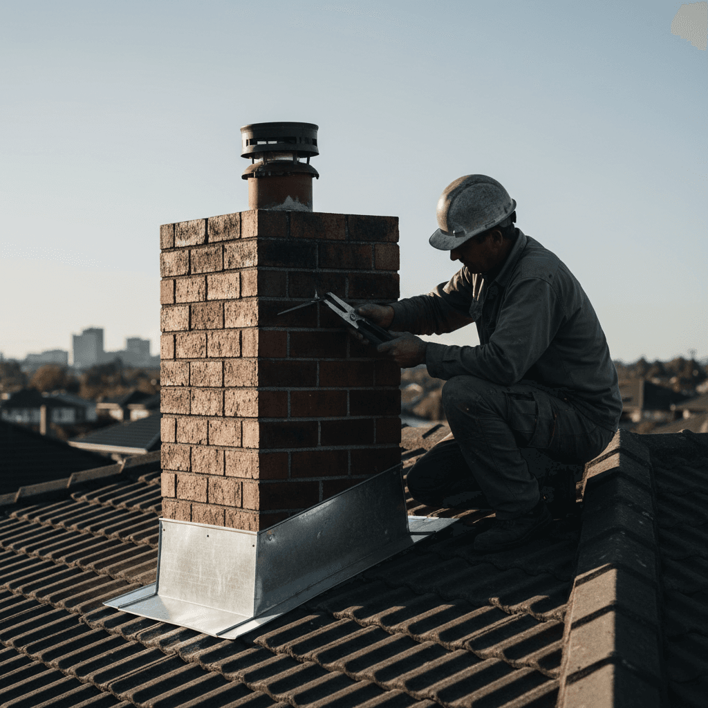 Roofer installing metal flashing around chimney