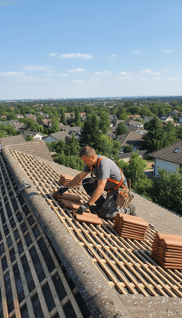 Roofer performing roof repair on residential property