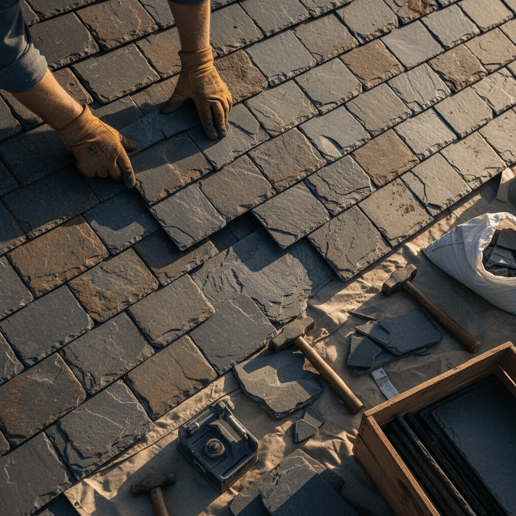 Skilled slate tile replacement on traditional roof