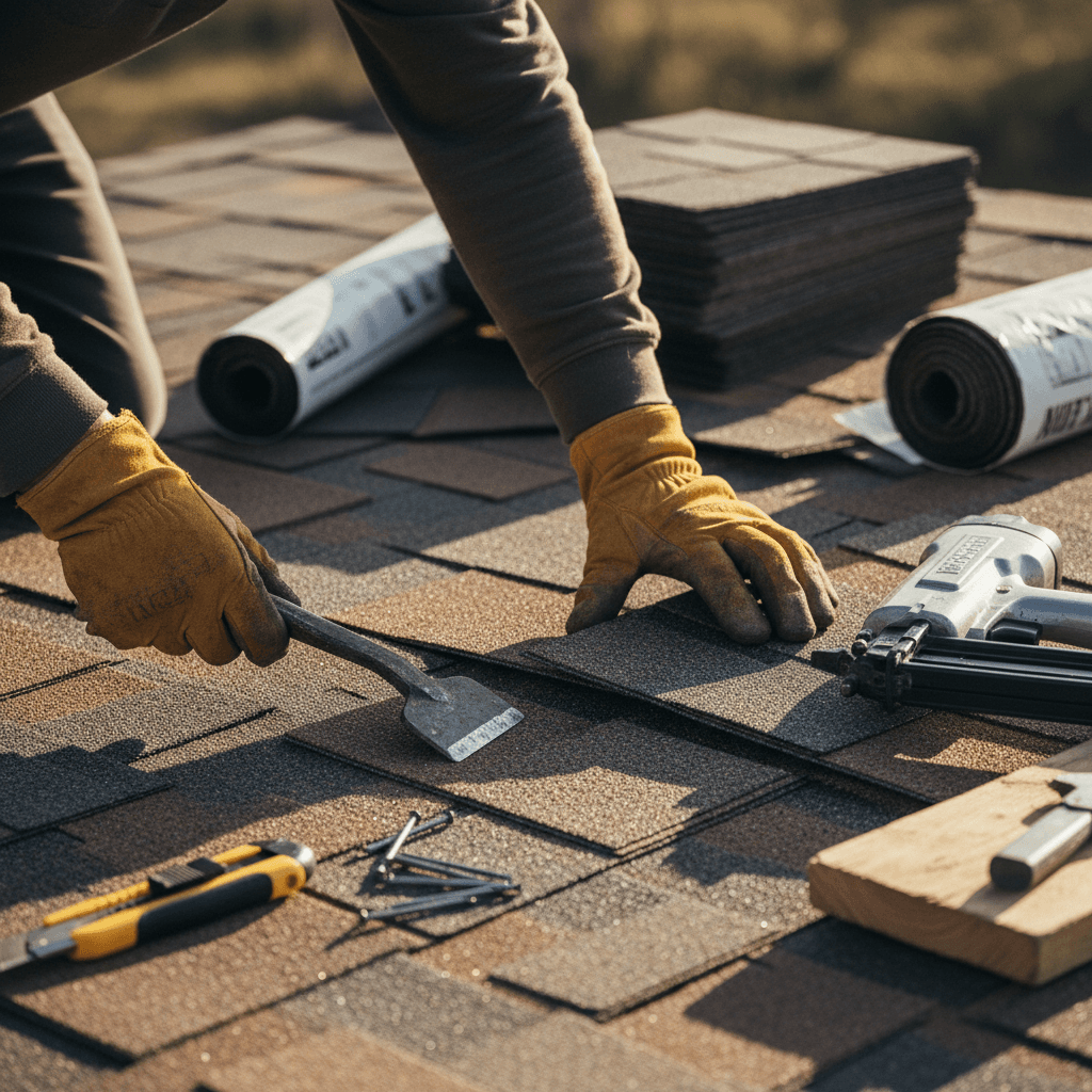 Licensed roofer's hands performing professional repair work