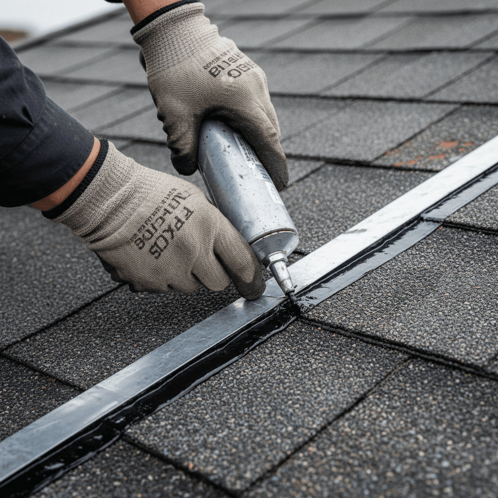 Roofer sealing roof seam with weatherproof sealant