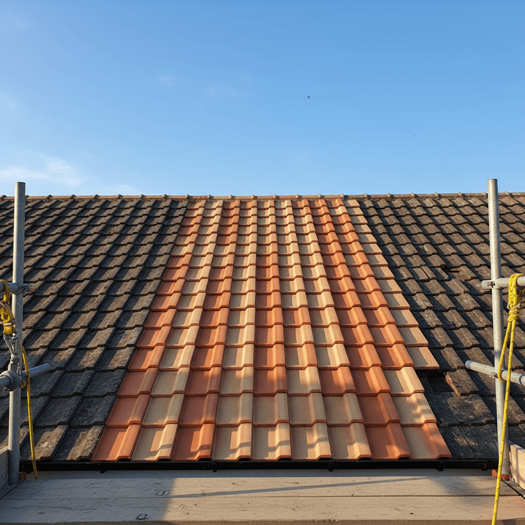 Newly restored residential roof with fresh clay tiles