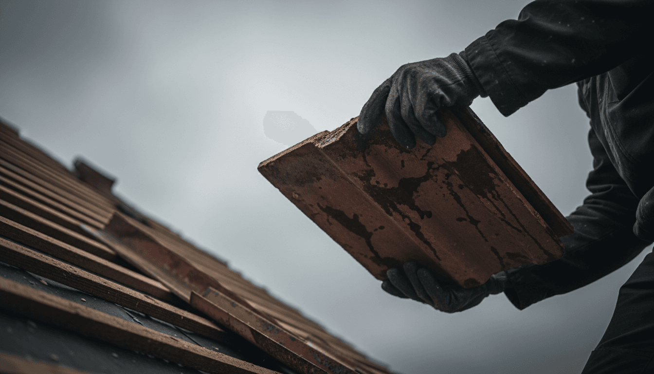 Roofer inspecting storm damage on roof tile in Christchurch