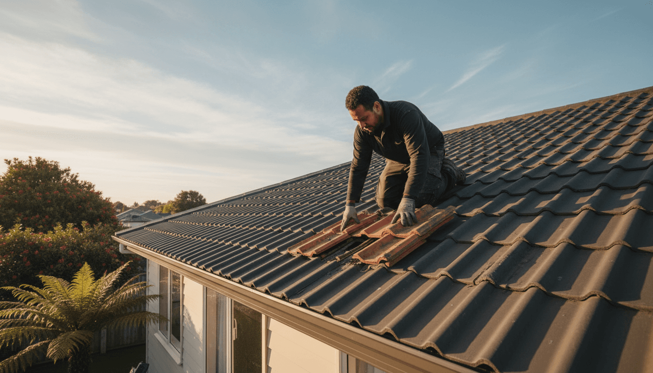 Experienced roofer inspecting roof damage during daylight