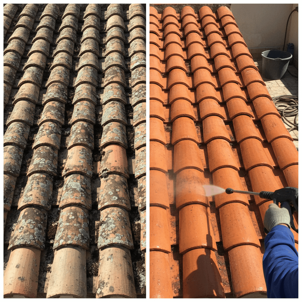 Roof restoration showing before and after cleaning results