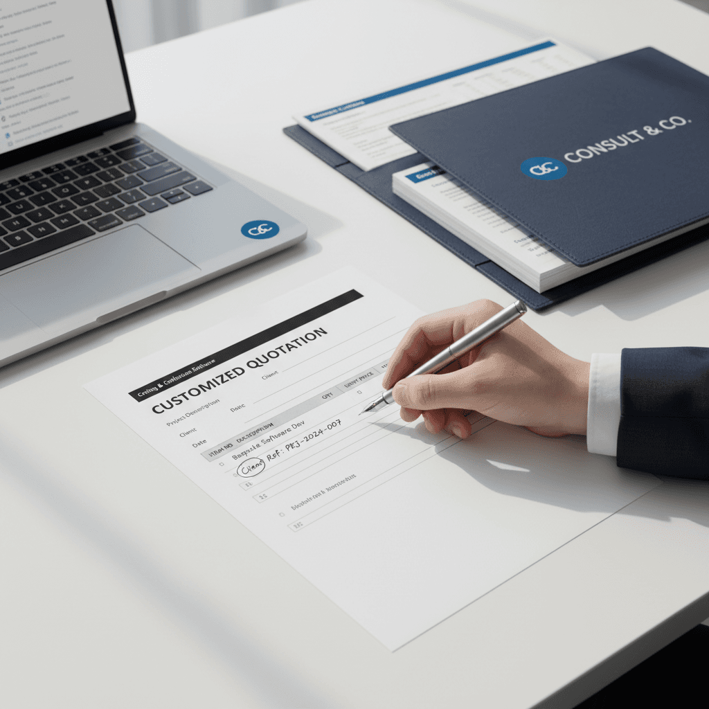 Consultant hand writing customized quotation specifications on professional form at organized white desk